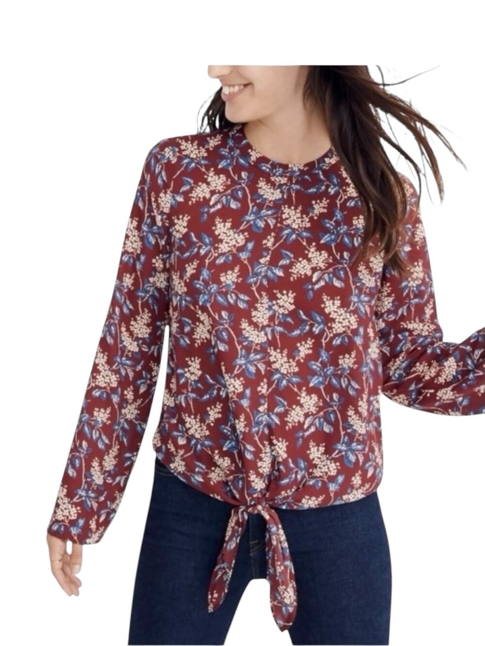 Madewell Top Womens XS Burgundy Floral Tie Front Long Sleeve Cutout Back Boho